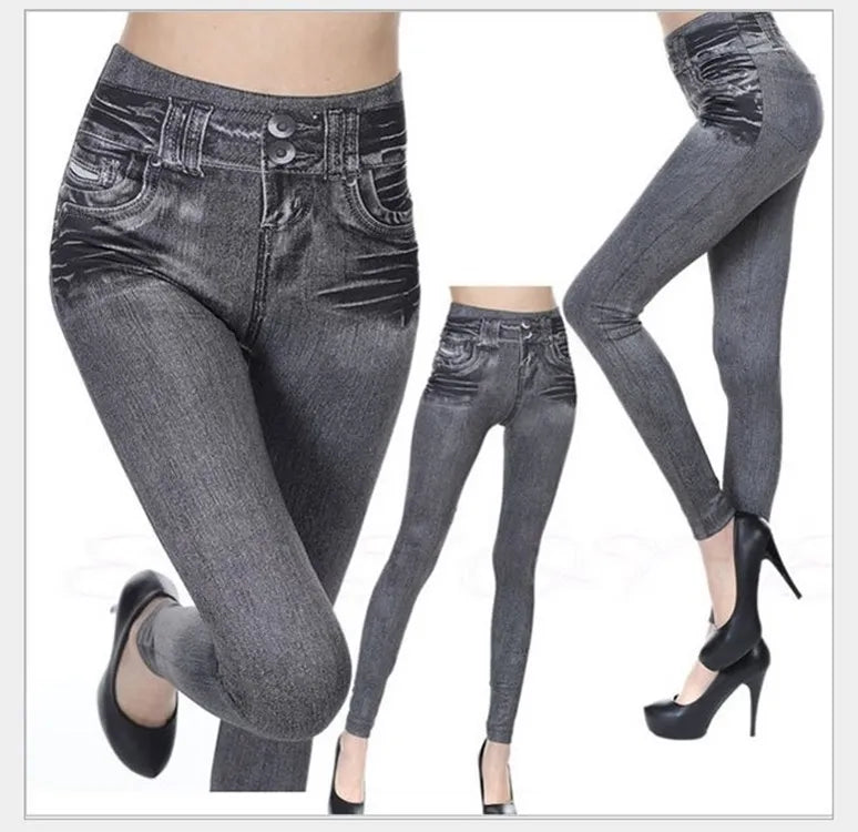 1pcs Women's Denim Print Leggings Females Fashion Slim Leggings Faux Jeans Leggings Lady Stretch Printed Tights Black Blue Pants Grey
