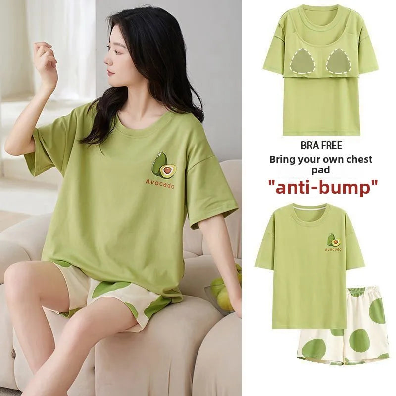 Pijama Set Women Short Sleeve Pullover Sweet with Chest Pads Cartoon Student Casual Home Plus Size Ladies Romantic Sleepwear D08