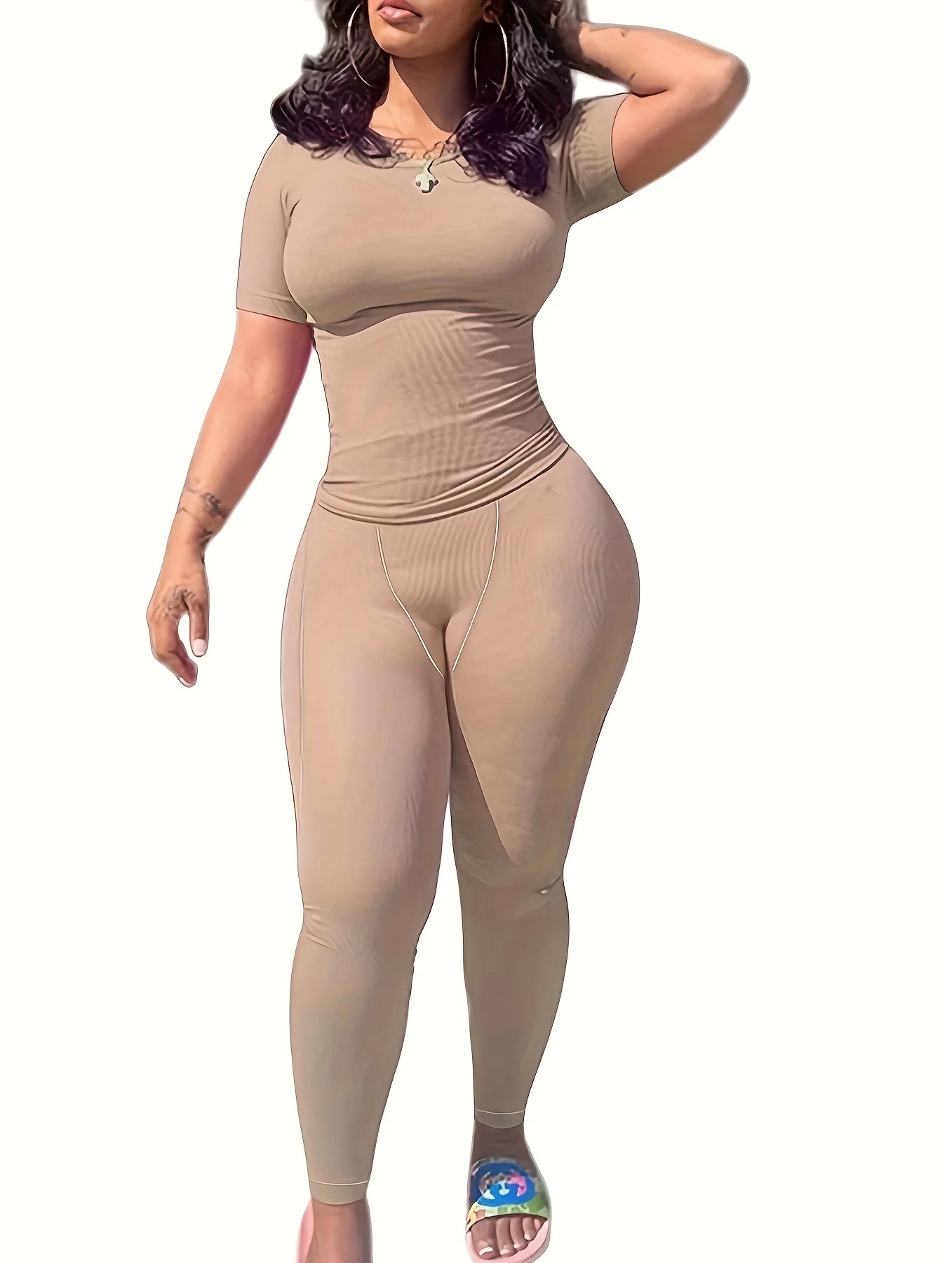 New style Lounge Wear Ribbed Casual 2 Piece Summer Shorts Set For Women Sleeve Top+Elastic Leggings Outfits Khaki