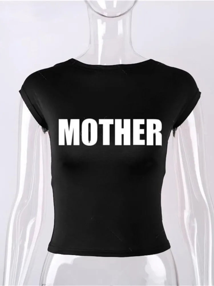 Joskaa Letter Printed Y2K T-Shirts Women Hipster Sexy O-Neck Short Sleeve Slim Crop Tops 2025 Summer Graphic Tees Streetwear Black
