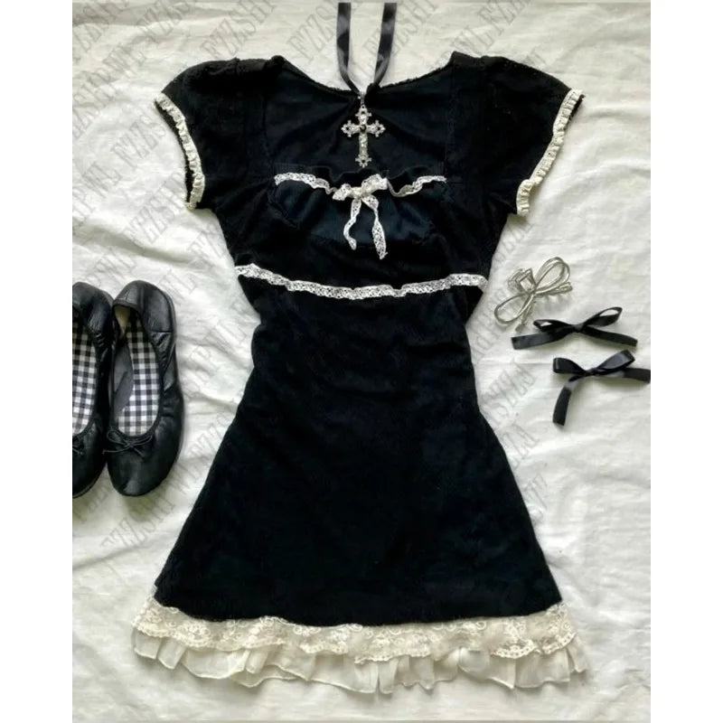 Y2K High Street Vintage Fit Dress Woman Clothing Short Sleeve Chic Casual Fashion Outfits Aesthetic Summer Sweet Dresses 2000s A2