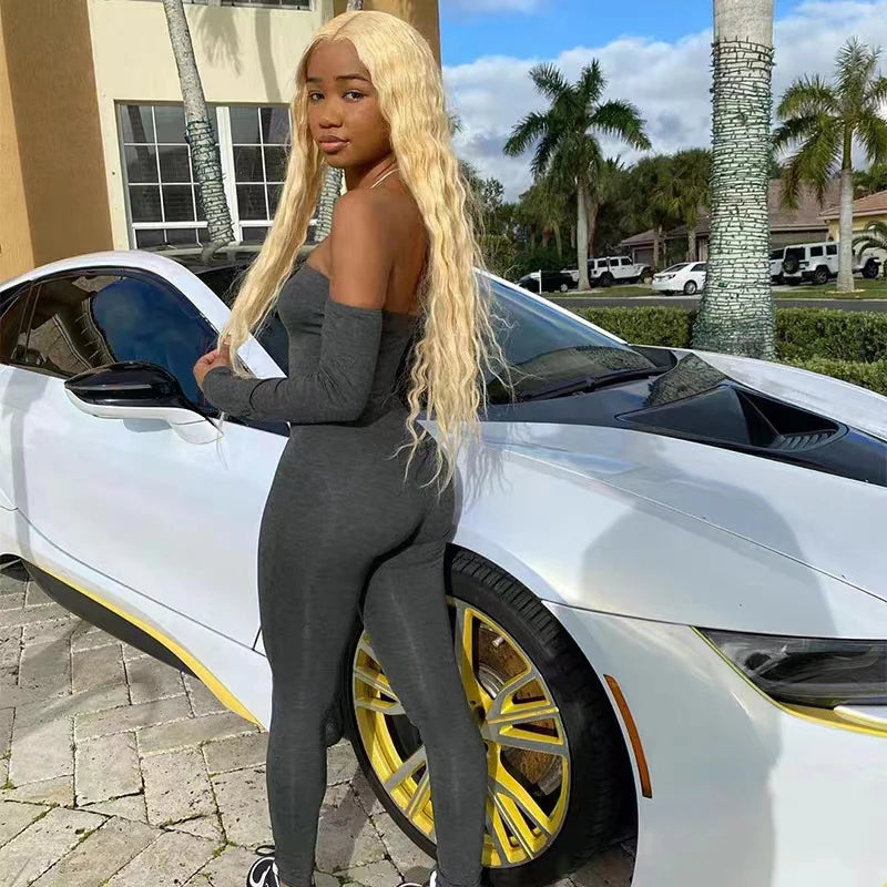 Women Fashion Bodycon Slim Fitting Jumpsuit Backless Long Sleeve Off Shoulder  Autumn Winter One Piece Casual Outfit Ladies Badiee Stylez