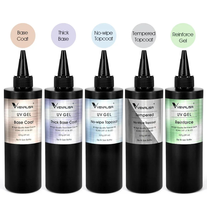 Venalisa Long Wear Tempered Top Coat Reinforce Gel Refill Package Soak Off UVLED Nail Gel Polish Big Volume 225g/30ml Base Gel
