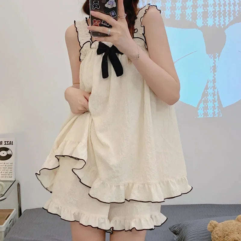 Pajamas Women Summer Sling Pajamas Homewear Set Sleeveless Shorts Simple Cute Ladies Student Pajamas Bubble Cotton Homewear White8803