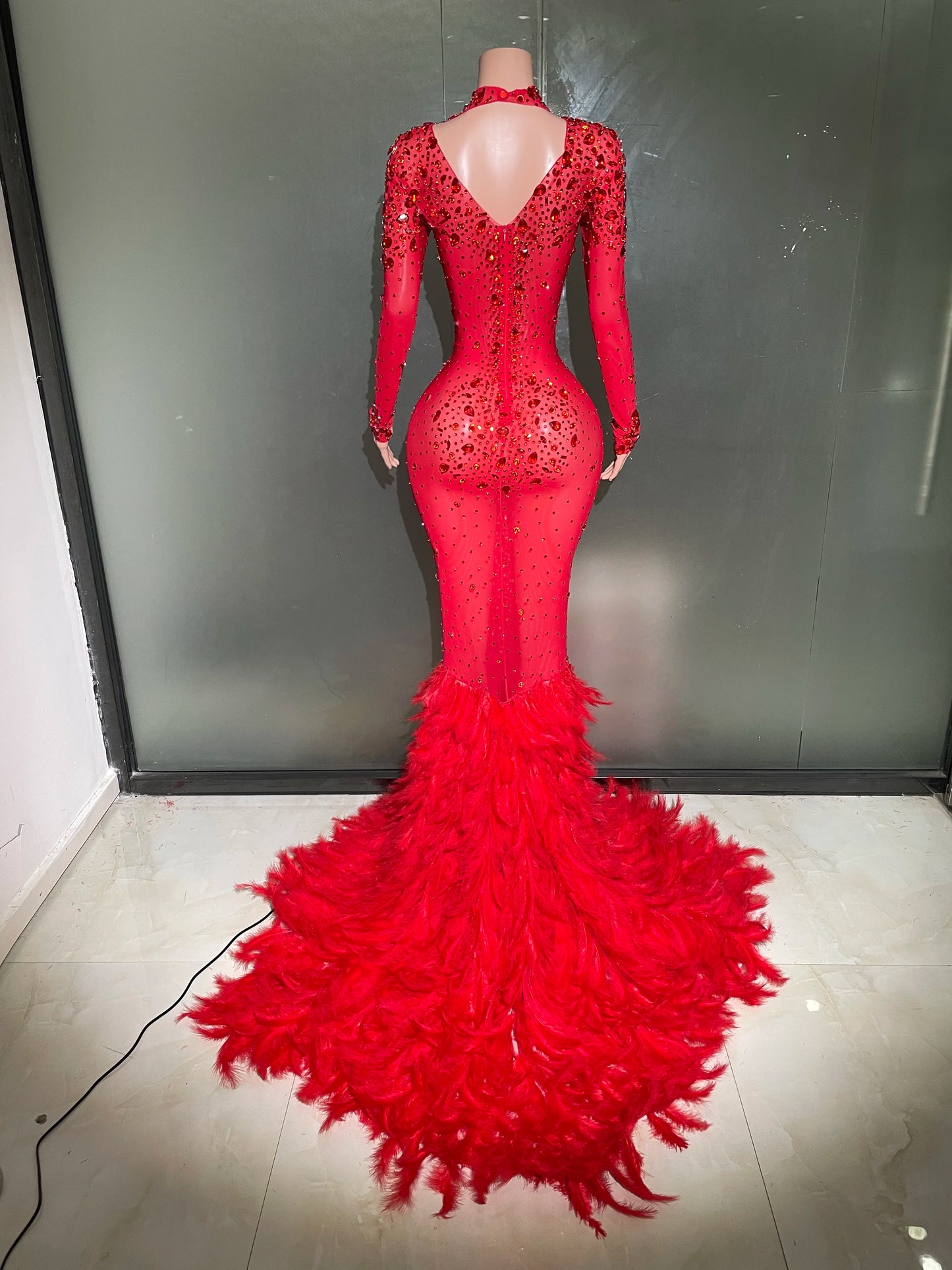 Luxury Sparkling Red Crystals Feathers Mermaid Long Sleeve Maxi Dress Women Formal Occasions Wedding Celebrate Party Prom Gown Badiee Stylez