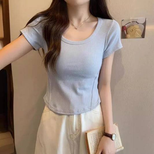 Y2K T-shirt Women V-neck Irregular Short Sleeve Crop Top New Korean Fashion Slim High Waist Solid Tee Shirt Woman Sexy Clothes