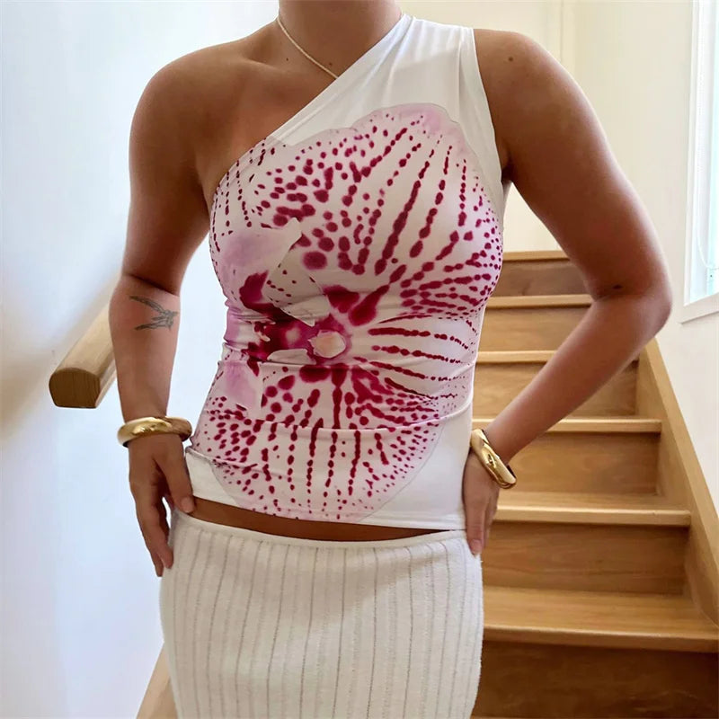 Xingqing One Shoulder Tank Top for Women Floral Print Sleeveless Backless Vest Cropped T Shirt y2k Aesthetic Clothing Streetwear