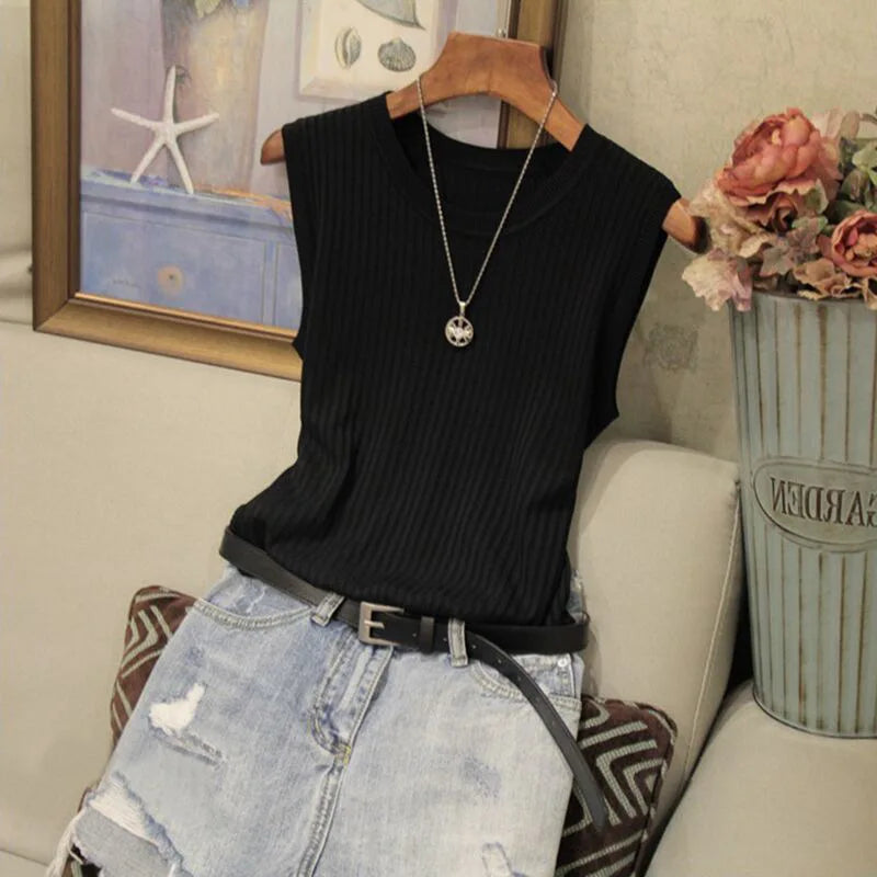 Summer Women Knitted Loose Sweater Vests Sexy O-Neck Sleeveless Knitwear Tank Tops YRFZ-N6634 Black one size