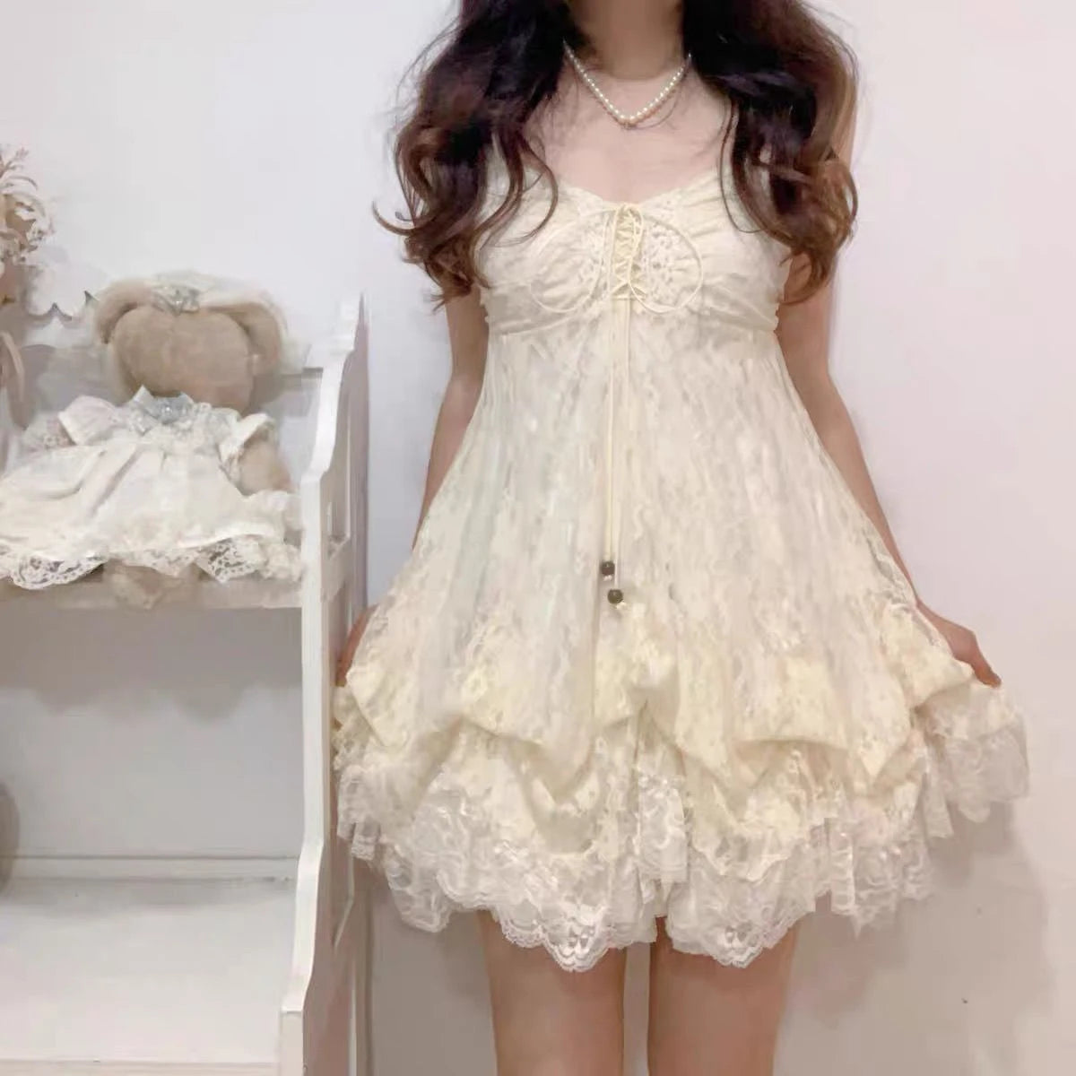 2000s Gothic Vintage Mini Dress Women Sleeveless Strap Party Dress Evening Lace Retro Cltohing Japanese Y2k Black Chic 3292 Apricot