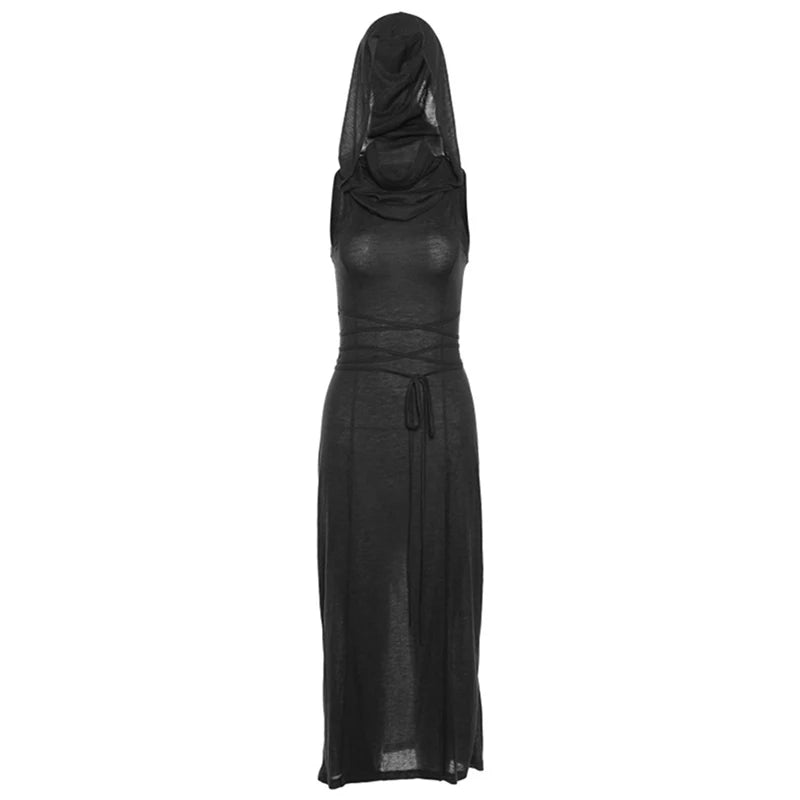 Xingqing Grunge Dress y2k Women Clothes Solid Color Sleeveless Hollow Out Back Slit Hooded Dress 2000s Halloween Party Dresses As photo shows 1