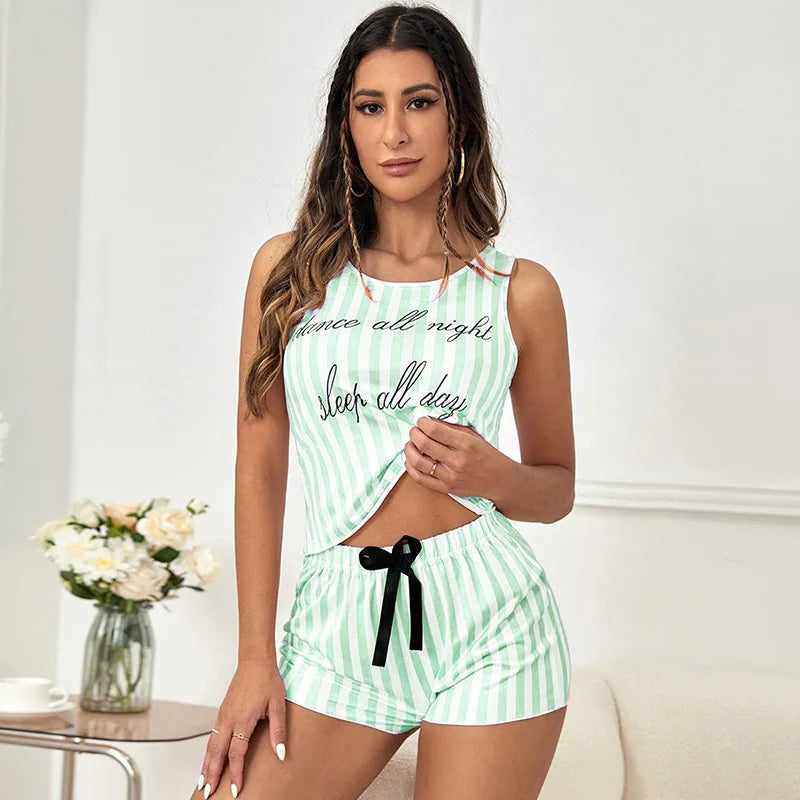 Pajamas for Women Summer Stripe Print Sleepwear Faux Cotton O-neck Pyjama Tank Top Shorts 2-piece Soft Sleeveless Home Nightwear Green