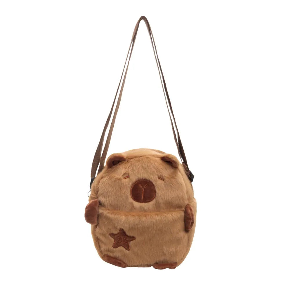Cute Plush Capybara Crossbody Bag Large Capacity Shoulder Bag Girls Coin Purse Adjustable Zipper Plush Mobile Phone Pouch Brown