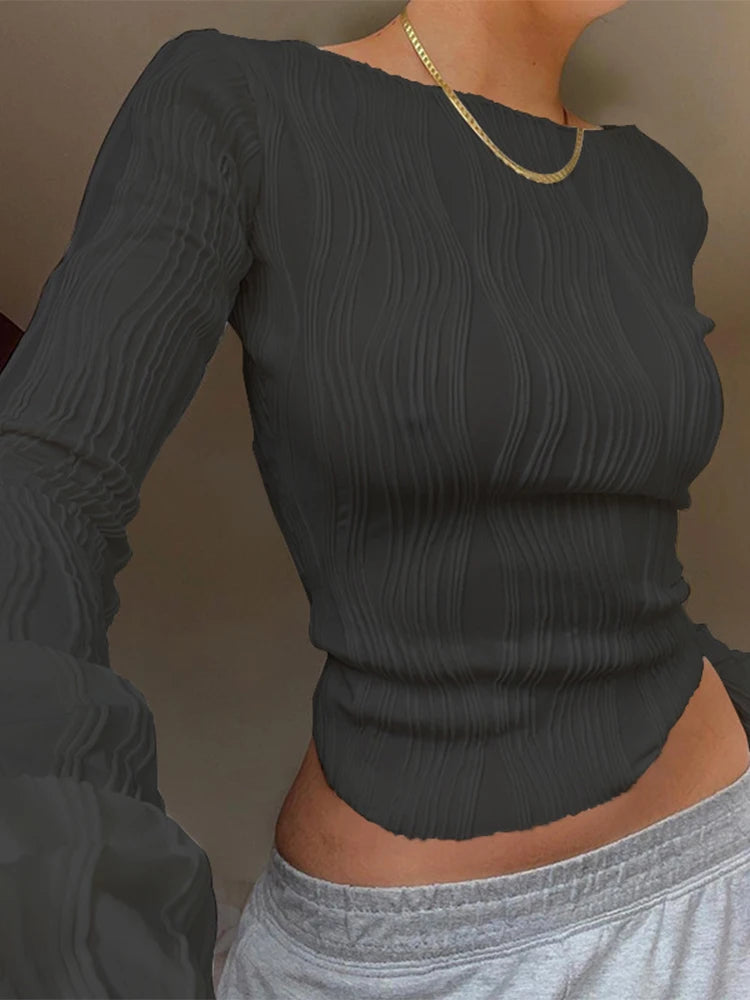 Woman Fashion Casual Ruched Long Sleeve T-shirt Blouses Female White Skinny Cropped Bottoming Shirt 2024 Autumn Y2K Top Clothes black