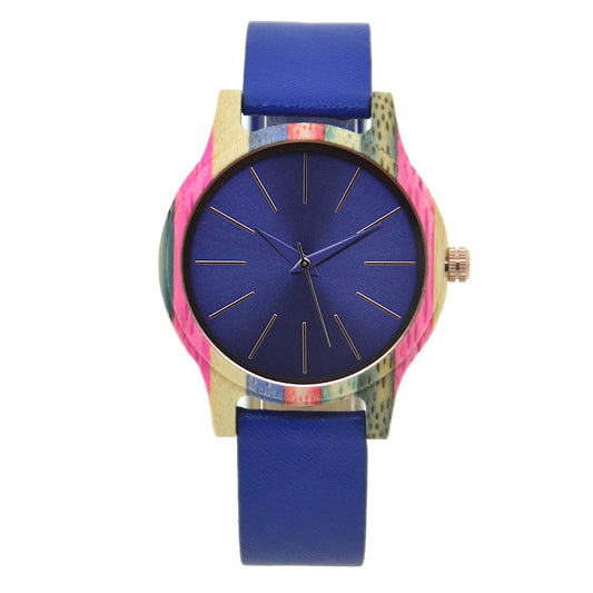 Mens Womens 40mm Big Neutral Colouful Bamboo Wooden Watch Unisex Japan Analog Quartz Leather Strap Casual Watches