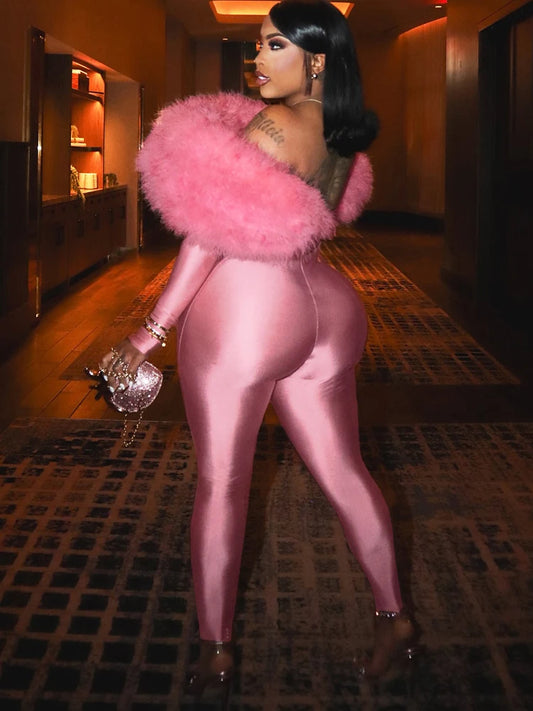 Weird Puss Furry Slash Neck Jumpsuits Woman Luxury Hipster Patchwork Trend Sexy Hollow Stretch Fitness Club Activity Overalls Badiee Stylez