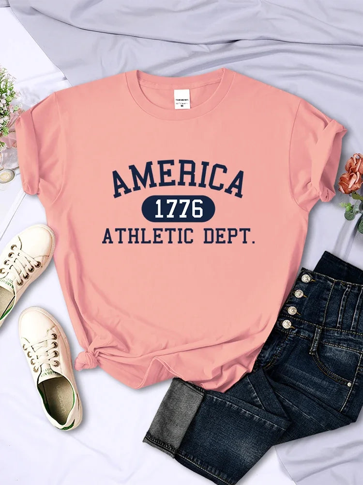 America 1776 Athletic Dept Letter T-Shirt Female Sport Casual Crop Top Cool Hip Hop Tee Shirt Soft Breathable T Shirt Women H2031-pink