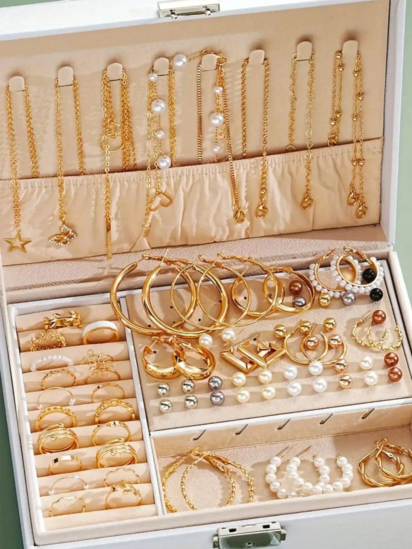 86pcs/Set Elegant Pearl Earrings Multi-Layered Necklace Ear Studs Rings 4-In-1 Jewelry Set For Women Daily Wear Gift (No Box) Badiee Stylez