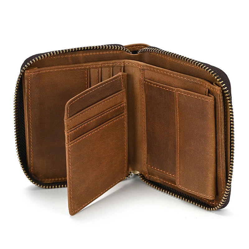 2023 New Short Wallet Men Women Vintage Fashion Card Holder Zipper Coin Purse Crazy Horse Leather Mens Slim Zipper Purse Wallet