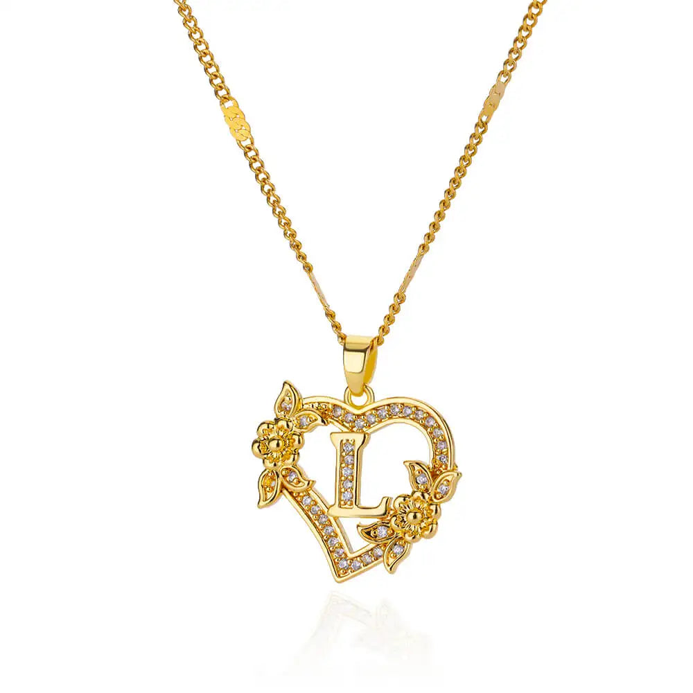 Zircon Flower Heart Initials Necklaces For Women Stainless Steel Heart Lover Gold Color Letter Chain Collar Necklace Jewelry L CHINA