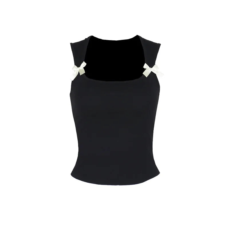 Y2K Women'S Bow Tie-Up Tank Tops Wide Shoulder Straps Bandage Camisole Sexy Low Cut Crop Tops Female Vest Tops