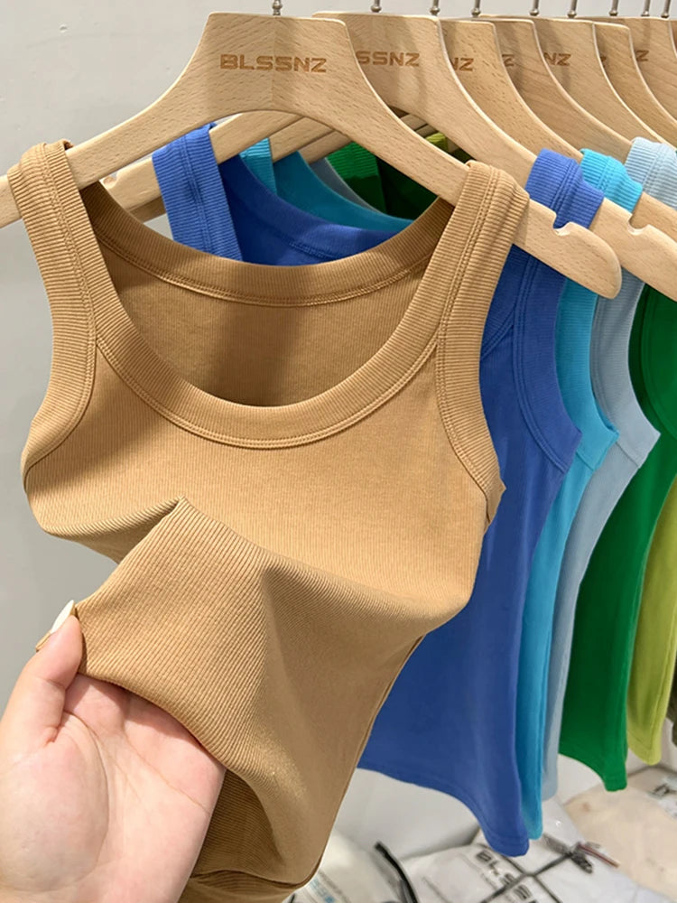 zjaiss Women Solid Round Neck Ribbed Tank Top Camisole Women 2025 Summer Basic Elastic Tank Top O Neck Solid Tank Top Khaki