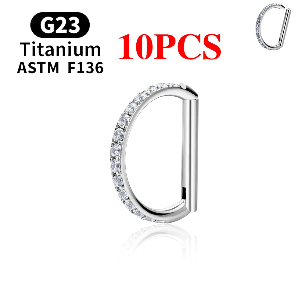 1/10PCS F136 G23 Titanium Piercing Nose Ring D Shape Hinged Segment CZ 16G Clicke Cartilage Tragus Helix Earrings Body Jewelry 10PCS Silver Color 3 CHINA