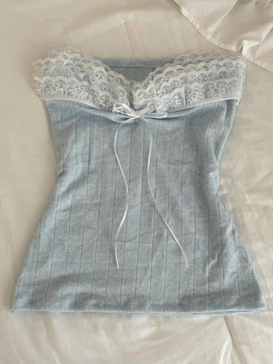 Y2K Womens Daily Clothing Summer Female Soft 2000s Vintage Harajuku Thin Artsy Skinny Minimalist Personality Bow Classic T-shirt Blue