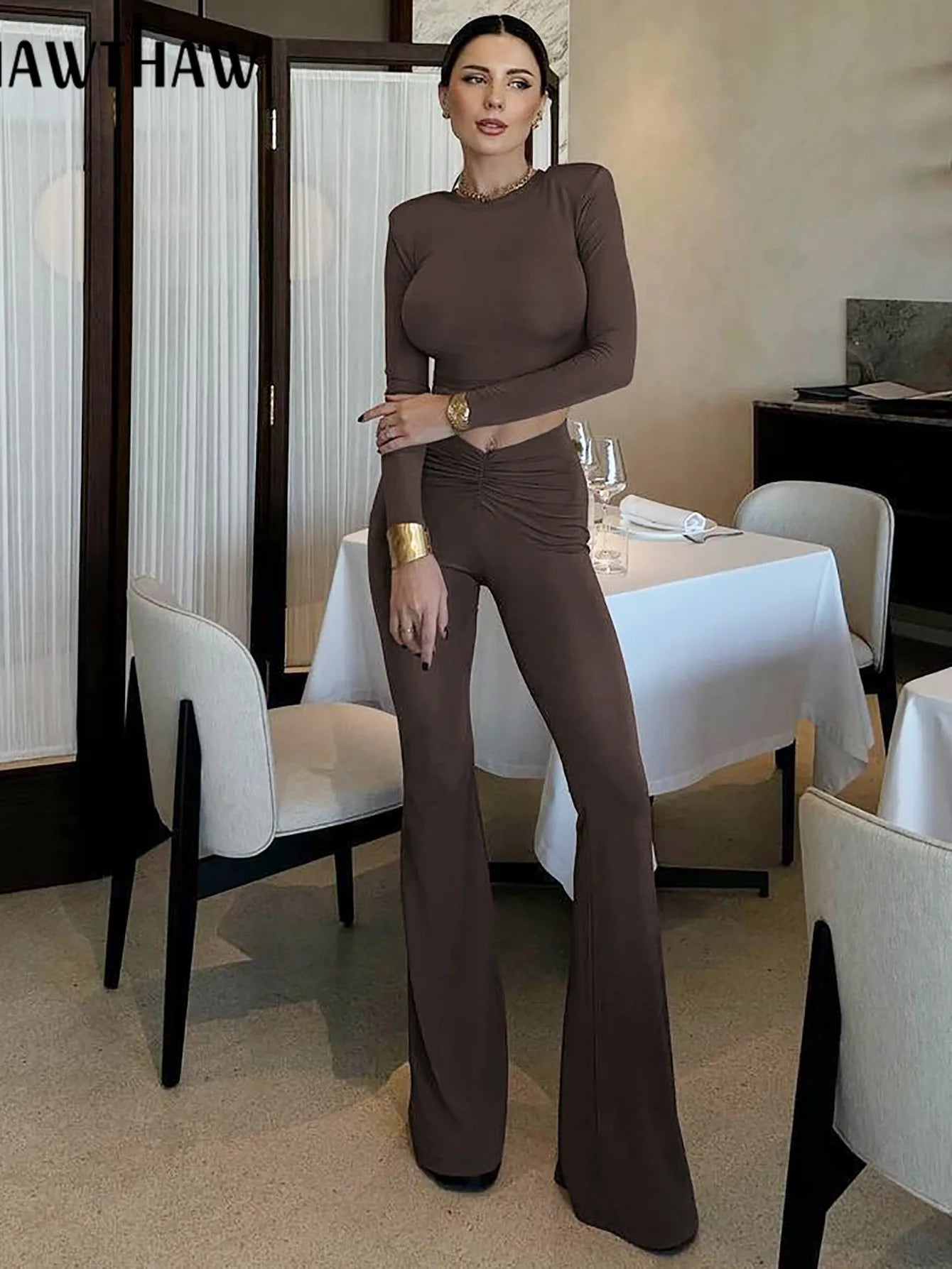 Hawthaw Women 2024 Spring Autumn Long Sleeve Crop Tops Long Pants Two Piece Matching Sets Outfits Wholesale Items For Business