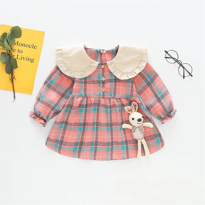Spring and Autumn New Baby Girls Long Sleeve Dress Academy Style Checkered Children's Clothing+Rabbit Bag (9 Months-3 Years Old) Pink