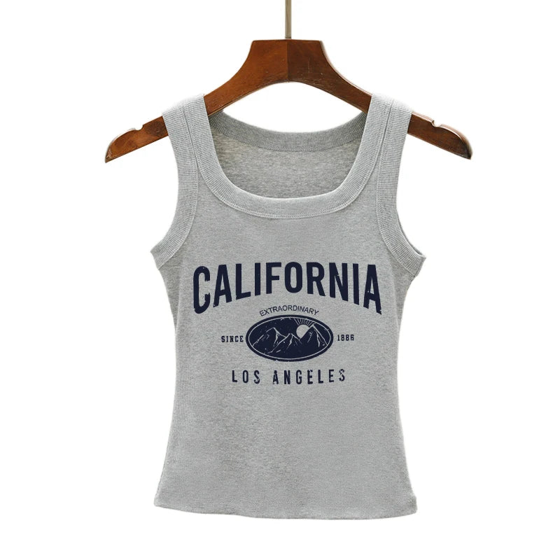 California Los Angeles Prints Tank Top Summer Women Sleeveless Tight Ribbed Female Cotton Knit Vest Straps Casual Street Clothes Gray