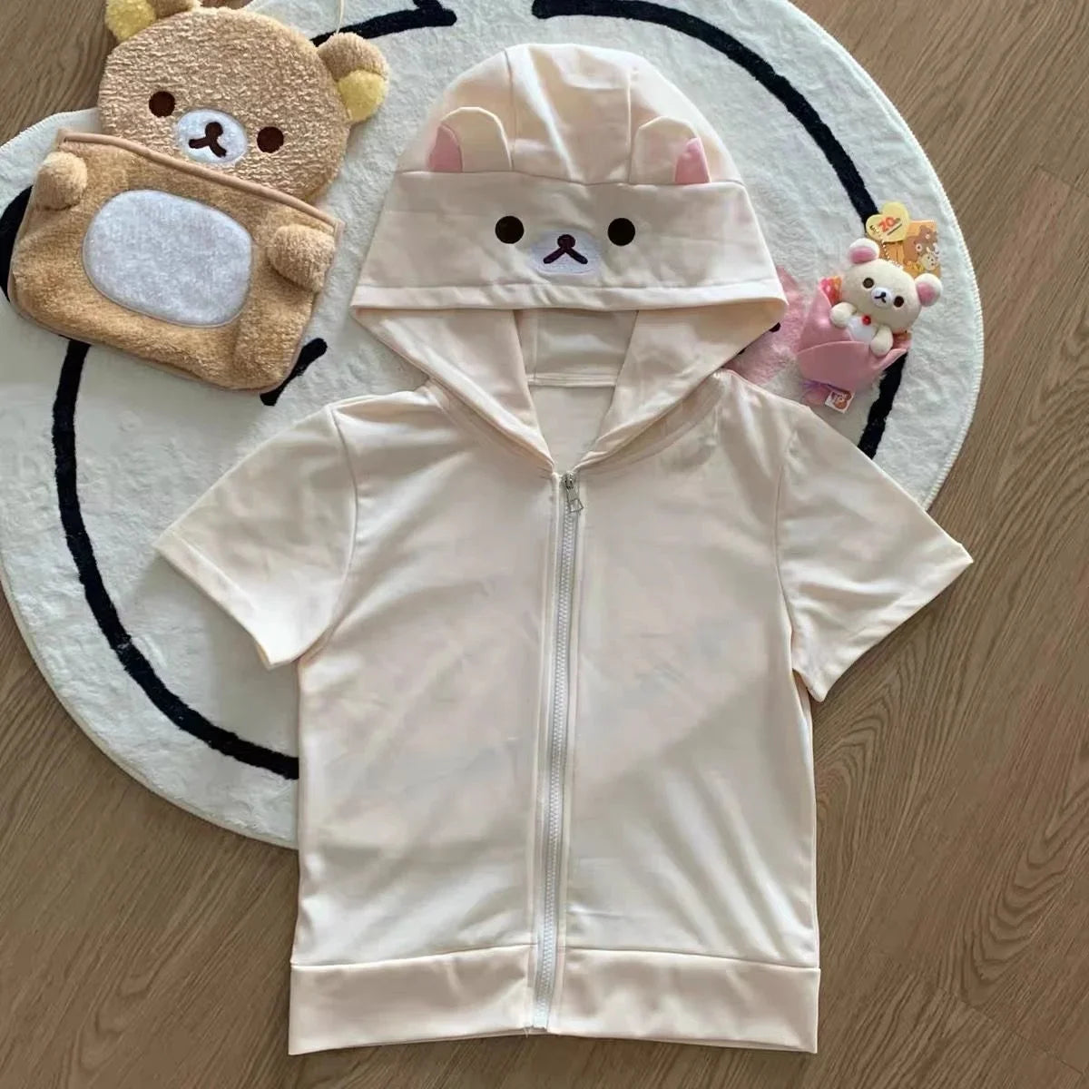 Cute Cartoon Hoodie Rilakkumaed Zip-up Hoodie Teddy Bear Ears Long Sleeve Jacket Fashion Women's Casual Cardigan Cotton Clothing C