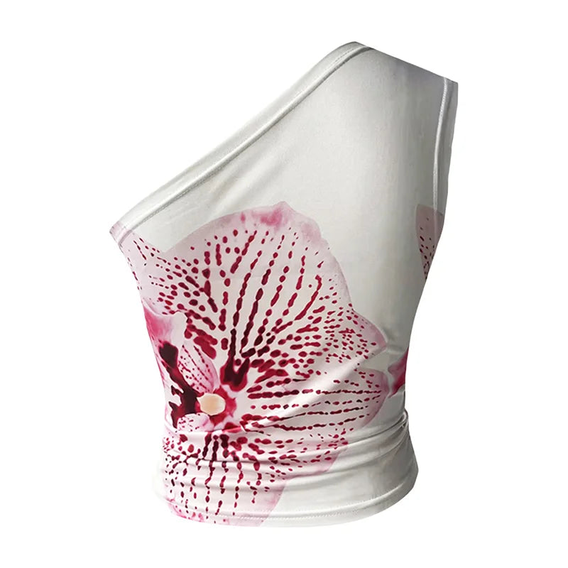Xingqing One Shoulder Tank Top for Women Floral Print Sleeveless Backless Vest Cropped T Shirt y2k Aesthetic Clothing Streetwear