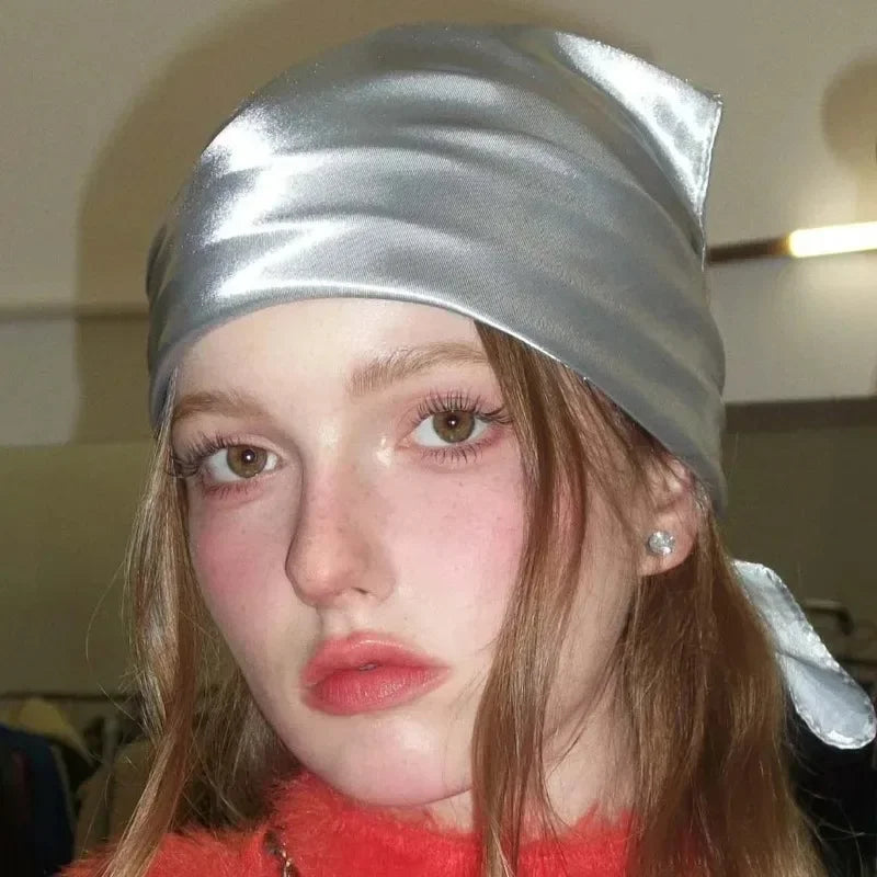 Y2K Punk Bandana Scarf for Women Fashion Square Headwear Bling Silver Head Scarf Hair Accessories Bandanas for Girls Women
