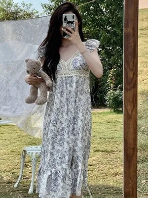 Sweet Princ Sle Women's Lace Nightgown Set with Chest Pad V-Ne ort Pants Summer Breathable Cotton Spwear Skirt (high-quality recommended version with breast pads)