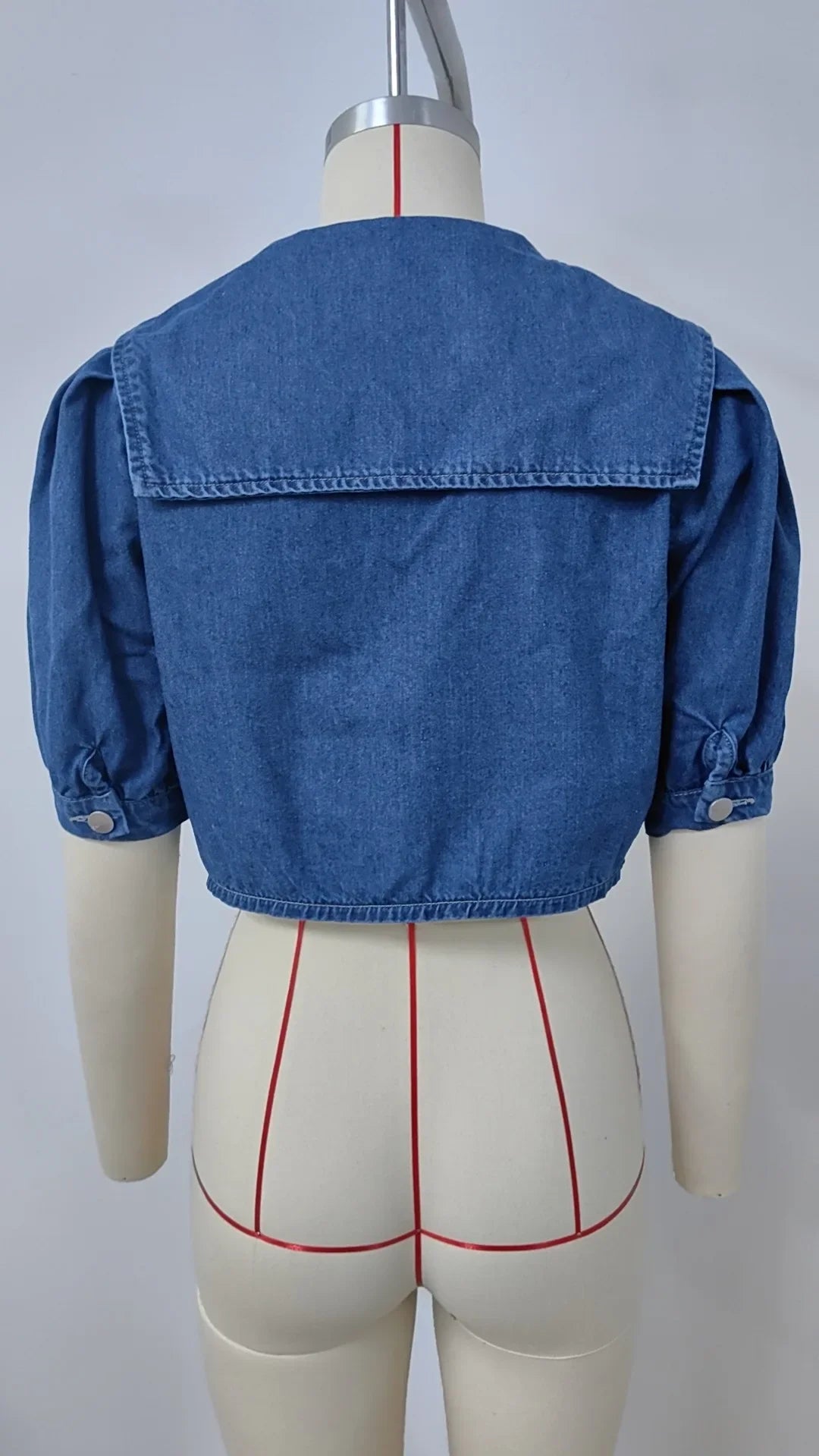 Women Denim Jacket Sailor Collar Single Breasted Coat Half Sleeve Cardigan Outerwear Basics Solid Slim Pockets Washing Slim