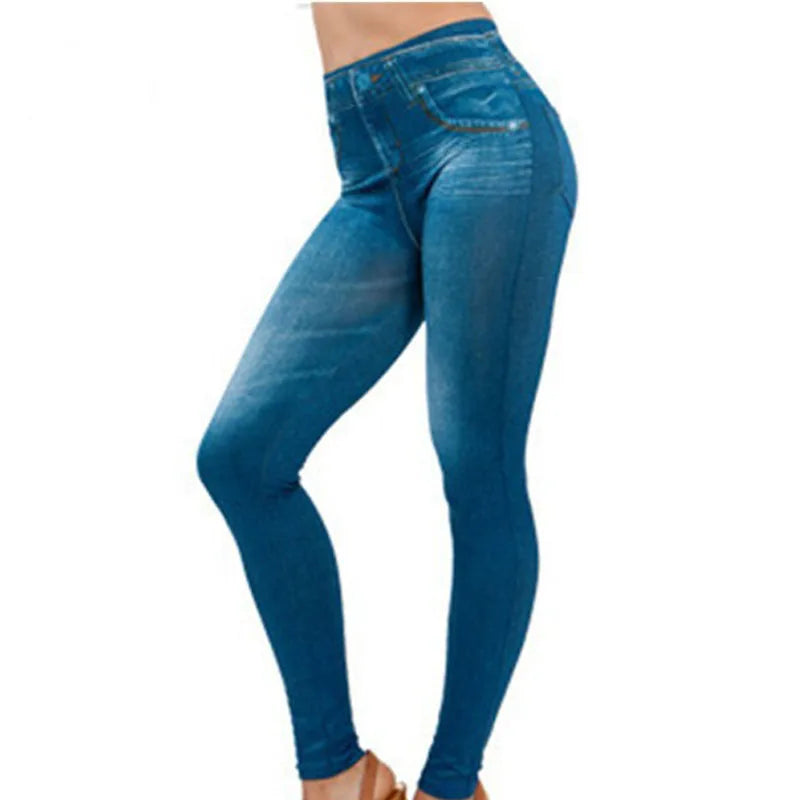 1pcs Women's Denim Print Leggings Females Fashion Slim Leggings Faux Jeans Leggings Lady Stretch Printed Tights Black Blue Pants