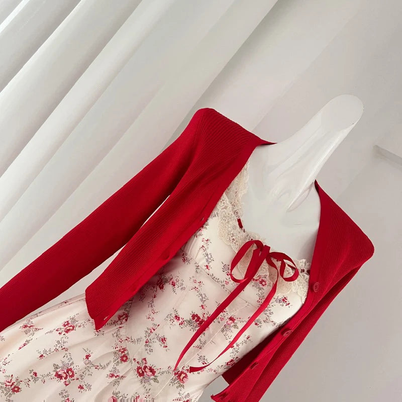 Y2K Sweet Floral Dress Set Woman Casual Red Short Cardigan Elegant Lace Mini Dress Female Korean Prairie Chic Clothing Suit