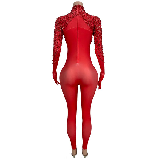 High Elasticity Large Sized Women Jumpsuit Shiny Red Shawl Rhinestone Tight Pants with Glove Acrobatic Pole Dance Costume pijian Badiee Stylez