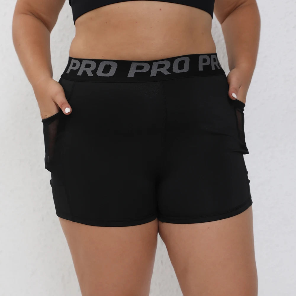 Plus Size Women Letter Shorts for Mesh Pocket Black High Waist Yoga Shorts For Fitness Running Workout Woman Pants 0XL-4XL