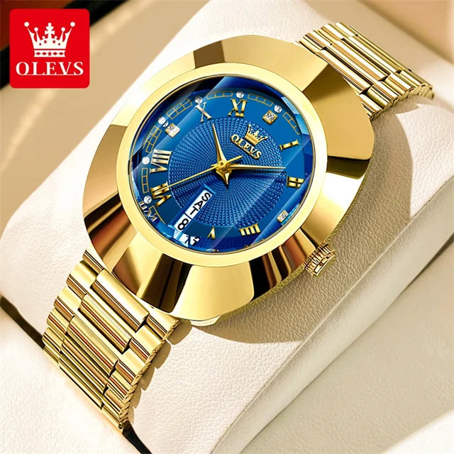 OLEVS Golden Quartz Watch for Women Fashion Elegant Tungsten Steel Case Waterproof Wristwatches Luxury Original Ladies Watch New Gold Blue-JL