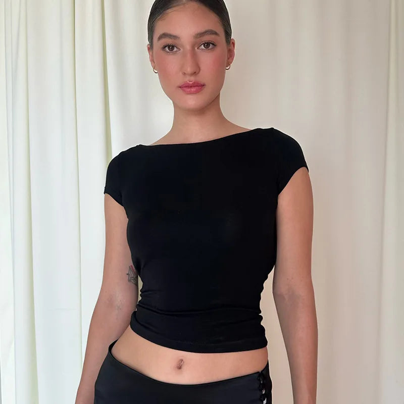 O Neck Short Sleeve Backless Ruched Crop Top Women'S Tshirt Y2K Streetwear Summer Spring Dropshipping Casual Clothing