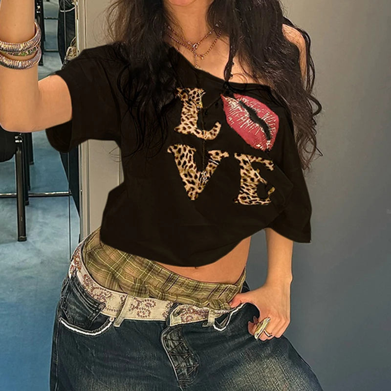 Cuteandpsycho Casual Sexy Crewneck Cropped Tops Slim Streetwear Summer Elastic Vintage Tees Short Sleeved Y2k Punk Clothings