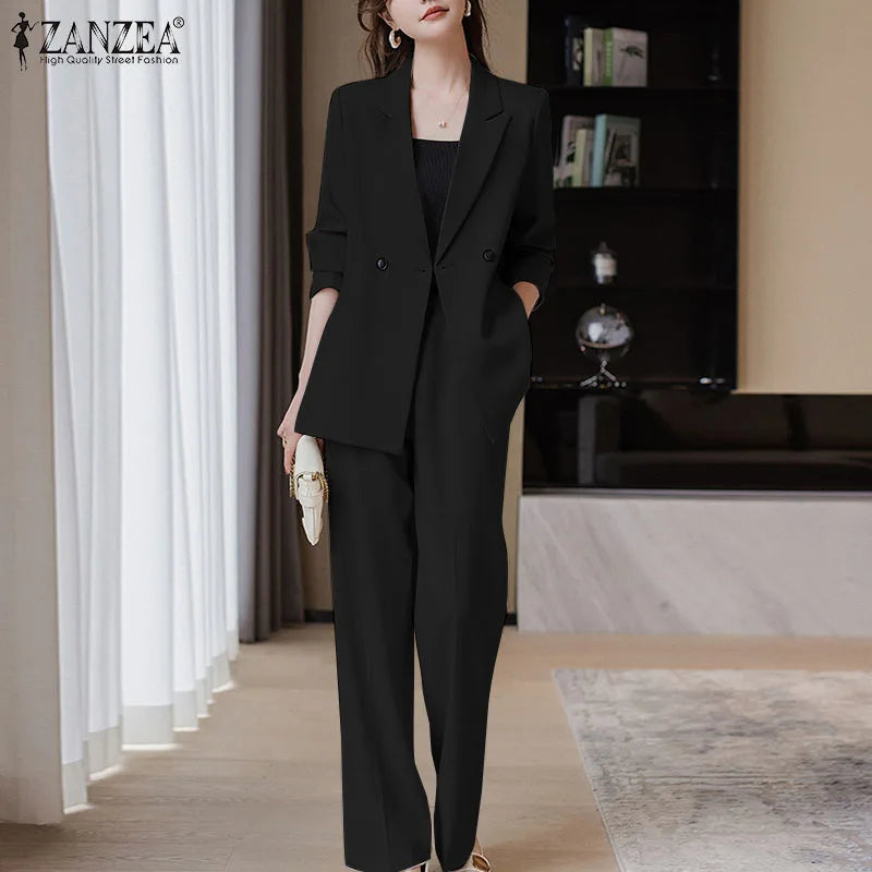 ZANZEA Korean Fashion Blazer Tops 2pcs Suits Autumn 2024 Solid Color Women Elegant Pant Sets Trousers Commute Blazer Suits