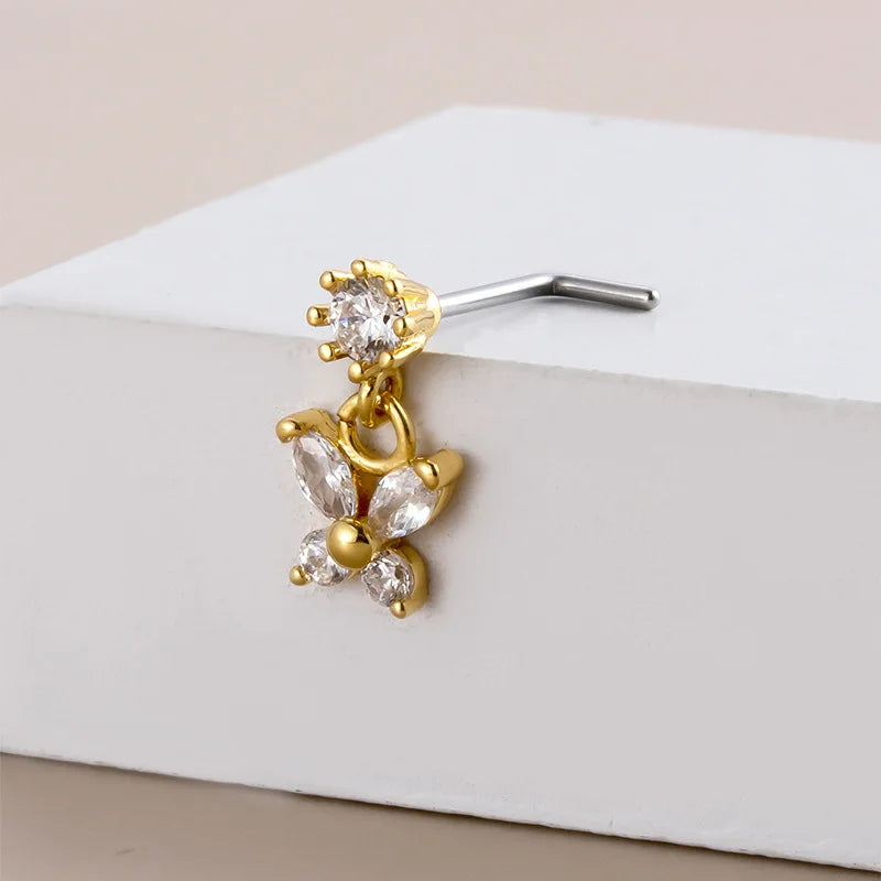 1Pcs Stainless Steel Piercing Nose Studs Crystal Zircon Butterfly Pendant Nose Ring Nail Goth PIERC Body Jewelry For Women 20G Gold L Rod 20G 0.8x7mm