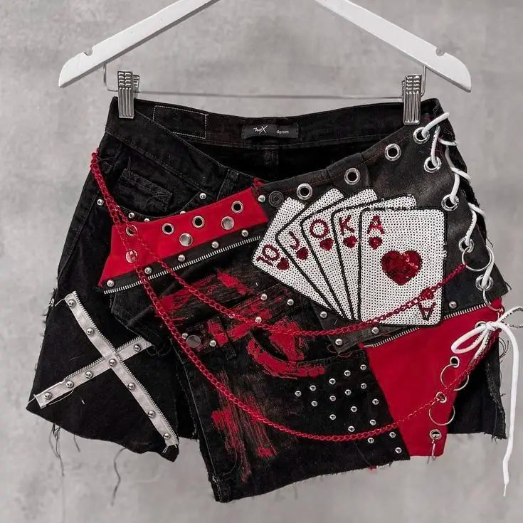 Gothic Retro Skirt Y2K Denim Shorts Sweetheart Playing Card Graphic Retro Rhinestone Baggy Shorts High Waist Slim Fit Mini Skirt 2