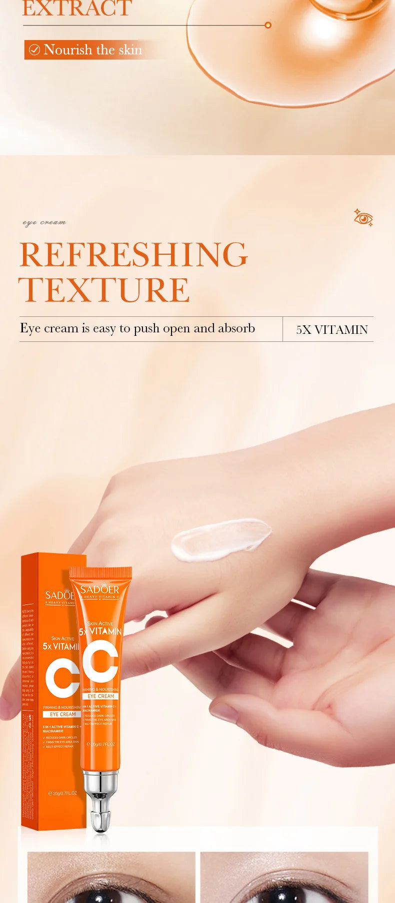 SADOER Vitamin C Eye Cream Anti Dark Circles Eyes Bags Remover Moisturizing Brightening Firming Skin Care Products for Eyes
