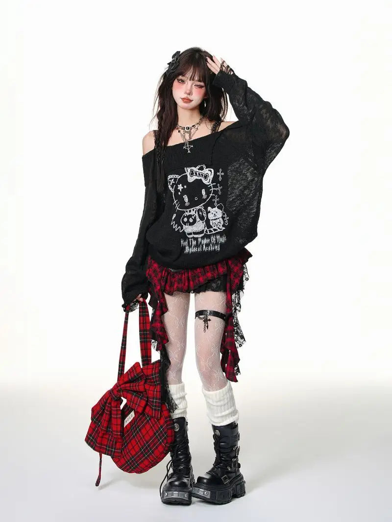 Retro Harajuku Gothic Style Leather Splicing Short Skirt for Women Y2K Lace Hem Mini Pleated Skirt Autumn Street Cool Girl