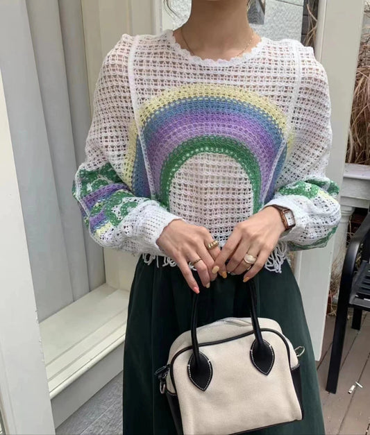 Embroidery Rainbow Crochet Top Sheer Openwork Pullover Batwing Sleeve Cover Up for Women Spring Summer Fairycore Outfit Badiee Stylez