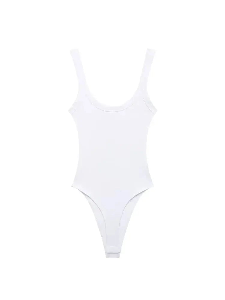 TRZA-Skinny Ribbed Bodysuits for Women, O Neck, Straps, Snap-Button, Female Playsuits, Sexy Fashion