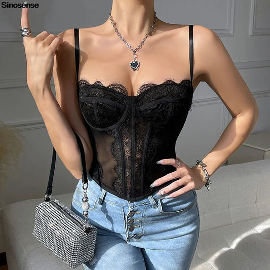 Women Lace Bustier Top Sexy Sheer Mesh See Through Spaghetti Strap Slim Camisole Y2K Going Out Night Club Party Corset Top